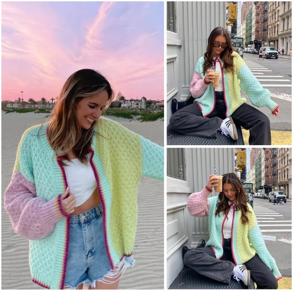 VRG GRL City of Money Pastel Chunky Knit Cardigan Wool Blend Small Oversized - Picture 2 of 9